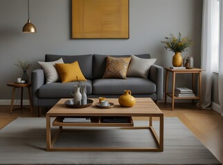 The stylish boho compostion at living room interior with design gray sofa, wooden coffee table, commode and elegant personal accessories. Honey yellow ... See More
