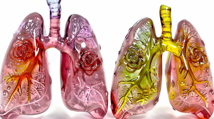 Two lungs with pink and yellow colors. The pink one is on the left and the yellow one is on the right - obrazy, fototapety, plakaty