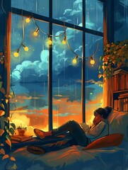 A tranquil illustration of someone enjoying the solitude of a cozy reading corner.