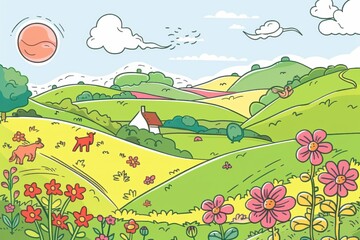 Cartoon cute doodles of a peaceful countryside landscape with rolling hills, blooming flowers, and grazing animals, Generative AI