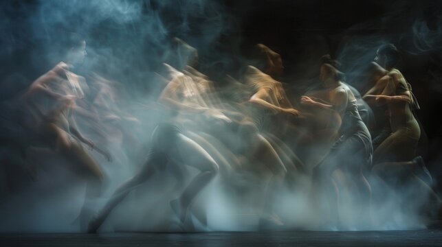 A misty and ethereal image of blurred dancers gracefully leaping and swirling creating a romantic and visually captivating atmosphere. .