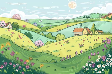 Badkamer foto achterwand Cartoon cute doodles of a peaceful countryside landscape with rolling hills, blooming flowers, and grazing animals, Generative AI © Starlight