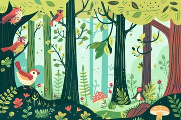 Cartoon cute doodles of a landscape, background, countryside, nature, field, summer, grass, spring, green, rural, mea with towering trees, chirping birds, and curious woodland creatures, Generative AI