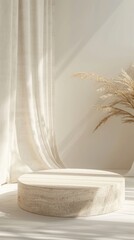 A tranquil setting featuring a product podium bathed in soft sunlight, casting gentle shadows. Copy space.