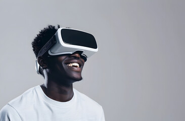 happy man wearing a VR headset isolated on minimal background, , futuristic technology headset entertainment