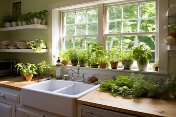 Apothecary Style Herb Kitchen: Farmhouse Sink & Herb-Filled Window Boxes Design