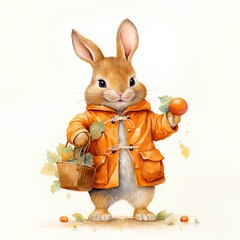 Rabbit in an orange raincoat with a basket of apples.