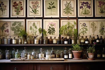 Naklejka na ściany i meble Botanical Herbalist's Studio Inspirations: Essential Oil Still and Antique Botanical Prints Shrine
