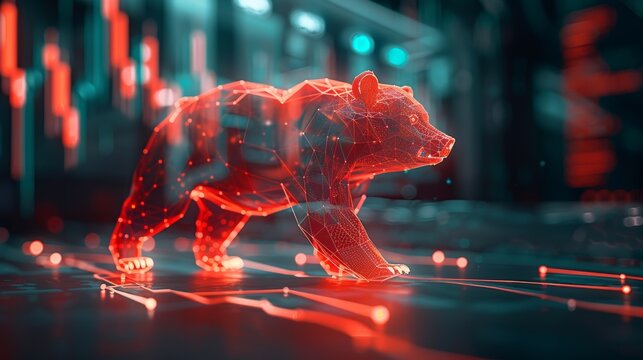A red bear charging down, with stock market