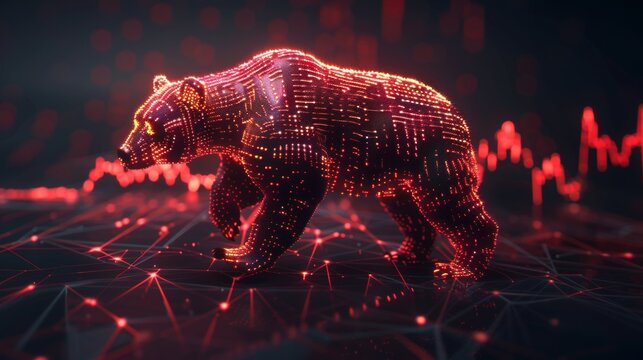 A red bear charging down, with stock market