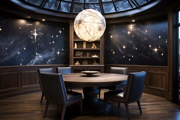 Star Map Wall Mural and Circular Table: Celestial Observatory Dining Room Inspirations. - obrazy, fototapety, plakaty