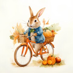Watercolor illustration of a cute rabbit with a basket of pumpkins on a bicycle.