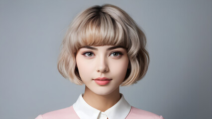 Chic Young Woman with Bob Cut, Elegant Beauty: Bob Cut Hairstyle, Timeless Sophistication: Young Lady's Bob Cut, Stunning Bob Cut: Beauty in Simplicity