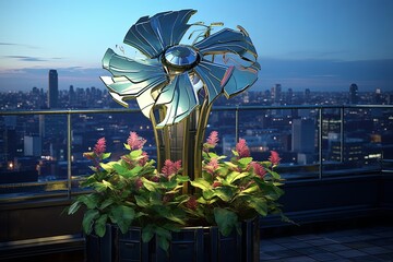 Cyberpunk Skyscraper Rooftop Gardens: Wind Turbines & Holographic Plant Identifiers - obrazy, fototapety, plakaty
