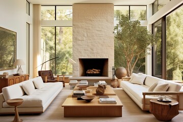 Obraz premium Sustainable Open Space Living Area with Fireplace and Art