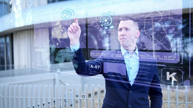 Businessman interacts with futuristic holographic images precision in every touch. Businessman in sharp business attire manipulates digital data. As Businessman gestures technology responds seamlessly