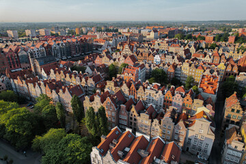 Beautiful panoramic architecture of old town in Gdansk. Aerial view drone pov. Landscape cityscape City from Above. Small vintage historical buildings Europe Tourist Attractions travel destination