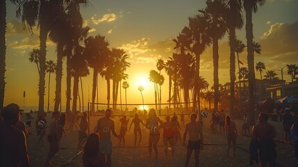 Group of Friends Playing Volleyball on Tropical Beach at Sunset