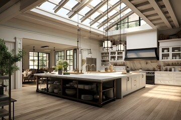 Rustic Spacious Kitchen with Skylights