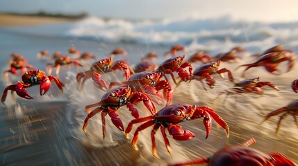 A group of red crabs migrating en masse across a sandy beach, their tiny legs a blur of motion