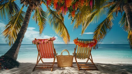Idyllic Tropical Beach Scene with Colorful Chairs and Floral Accents Inviting Relaxation Under Swaying Palm Trees