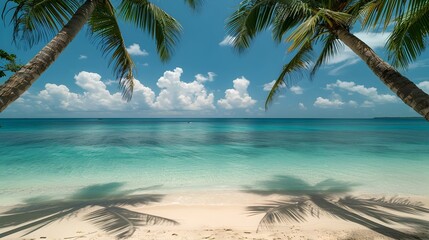 Stunning Tropical Beach Scene with Crystal Clear Turquoise Waters and Lush Palms in a Serene Idyllic Setting