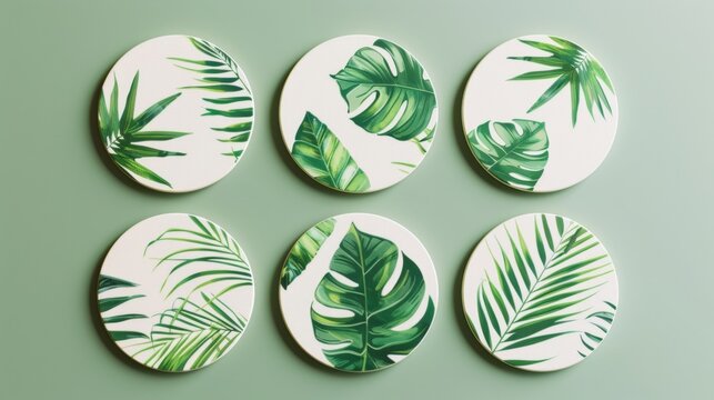 Blank mockup of a set of six coasters each with a different tropical leaf design. .