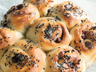 pull apart bread with black sesame and red bean filling
