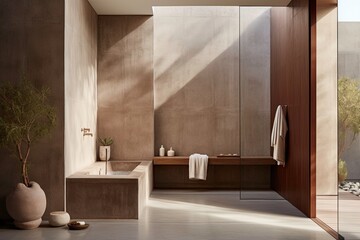 Modern Minimalist Bathroom with Concrete Accents and Indoor Tree