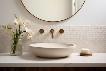 New Elegant Bathroom with White Sink and Flowers