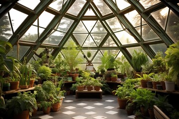 Fototapeta na wymiar Sustainable Living: Geodesic Dome Greenhouse Inspiring Indoor Herb Garden Ideas