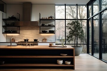 Modern Kitchen with Black Shelves, Open Shelving Island and Winter View