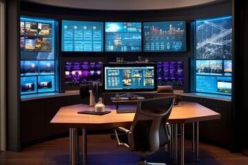 Naklejka premium Multi-Screen Setup and Interactive Surfaces: Futuristic Smart Home Command Center Ideas