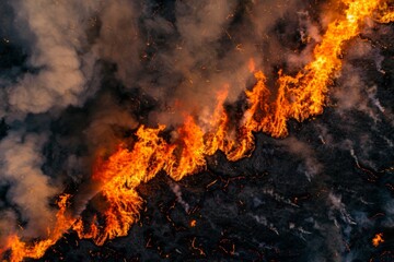 Wildforest fire burning forest trees eecological disaster smoke aerial view from helicopter danger death animals damage hazard blaze pollution tragedy