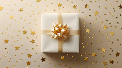 White gift box tied with gold ribbon and star shaped confetti on neutral background, holiday presents shopping celebration concept