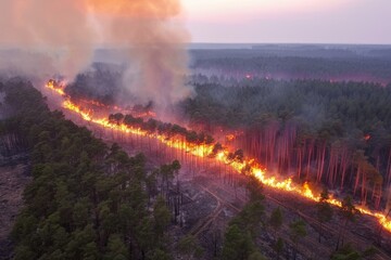 Wildforest fire burning forest trees eecological disaster smoke aerial view from helicopter danger death animals damage hazard blaze pollution tragedy