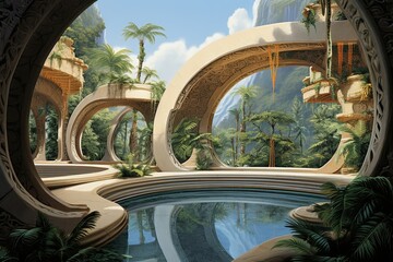 Obraz na płótnie Canvas Atlantis Pool Designs: Porthole Windows & Shell-Shaped Snack Bar Oasis