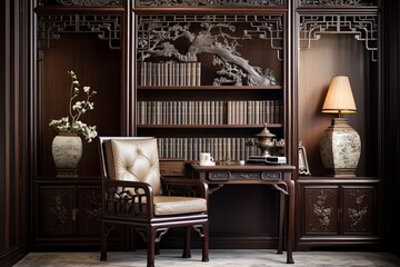 Imperial Ming Dynasty Mahogany Bookshelf: Elegance Decors for an Imperial-Style Study Nook - obrazy, fototapety, plakaty