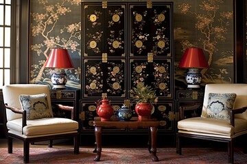 Ming Dynasty Oriental Rugs & Black Lacquer Chest: Bedroom Elegance Decor - obrazy, fototapety, plakaty