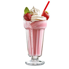 Glass of strawberry milkshake with whipped cream and fresh strawberries on white background.

