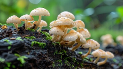 Closeup of a small of mushrooms growing on a log in a shaded corner of a busy city park. These tiny fungi play an important role in decomposition and nutrient cycling highlighting .