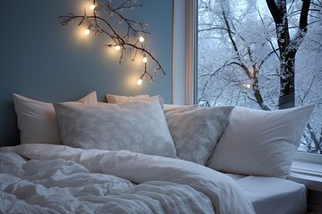 Serene Moonlit Bedroom Decor: Calming Blue Walls and Soft White Bedding