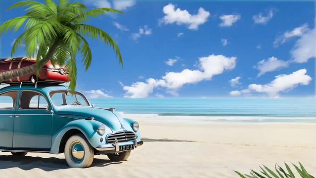 Blue vintage car with luggage on the beach. 