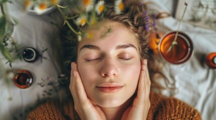 A biohacker using a combination of natural remedies like herbal teas and essential oils to soothe tired eyes and reduce strain from screen usage. .
