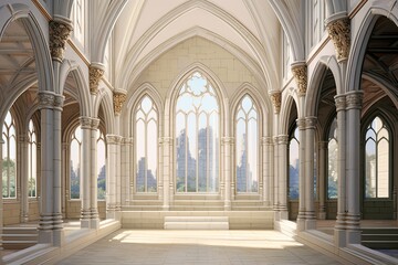 Neo-Gothic Castle Foyer Concepts: Clerestory Windows & Parapet Indoor Views Delight - obrazy, fototapety, plakaty