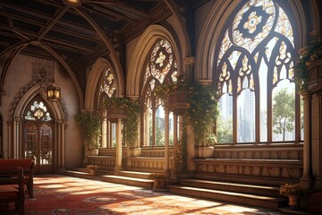 Obraz premium Neo-Gothic Castle Foyer Concepts: Clerestory Windows and Parapet Indoor Views