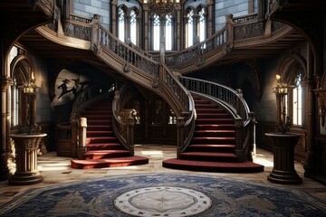 Crested Rugs and Spiral Staircase: Neo-Gothic Castle Foyer Concepts - obrazy, fototapety, plakaty
