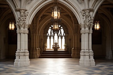 Fototapeta premium �Neo-Gothic Castle Foyer Concepts: Dramatic Entryway Lanterns on Stone Pedestals�