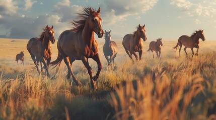 A herd of wild horses galloping across an open plain, their flowing manes and tails trailing behind...