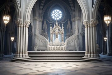 Gothic Trefoil Designs & Marble Statuettes in Neo-Gothic Castle Foyer - obrazy, fototapety, plakaty